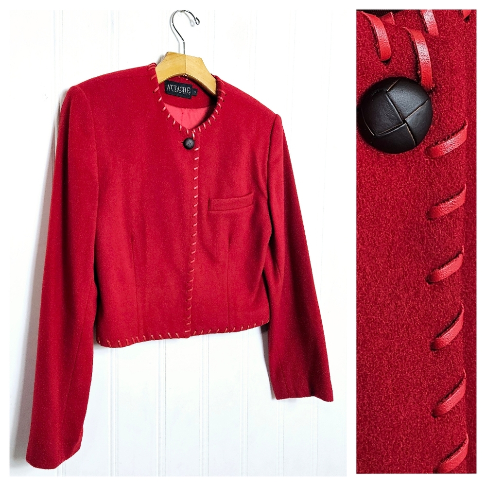 Vintage Attaché by Herman Geist Wool Cropped Blazer Size 4 Red Whipstitch